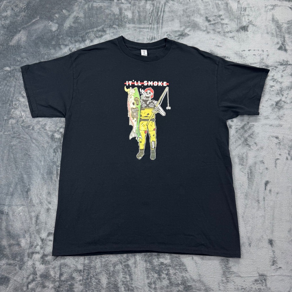 It'll Smoke Skeleton Fisherman‎ Zombie Fishing Black Graphic T-Shirt Mens Large